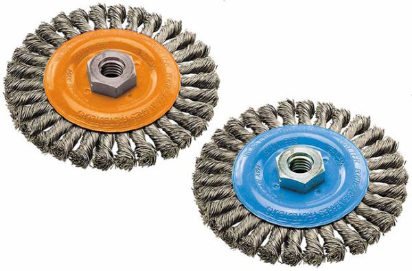 Walter WIRE WHEEL BRUSH, 4 X 5/8 X 5/8-11 X .020, TWIST-KNOT, STAINLESS/ALUMINUM (662980277386)