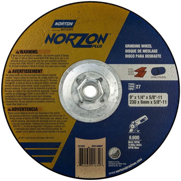 Norton GRINDING WHEEL, 9 X 1/4 X 5/8-11, TYPE 27, NORZON PLUS (547-66253021634)